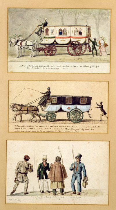 Een Dame Blanche Koets, een Omnibus en Bestuurders, 1815-30 door Pierre Antoine Lesueur